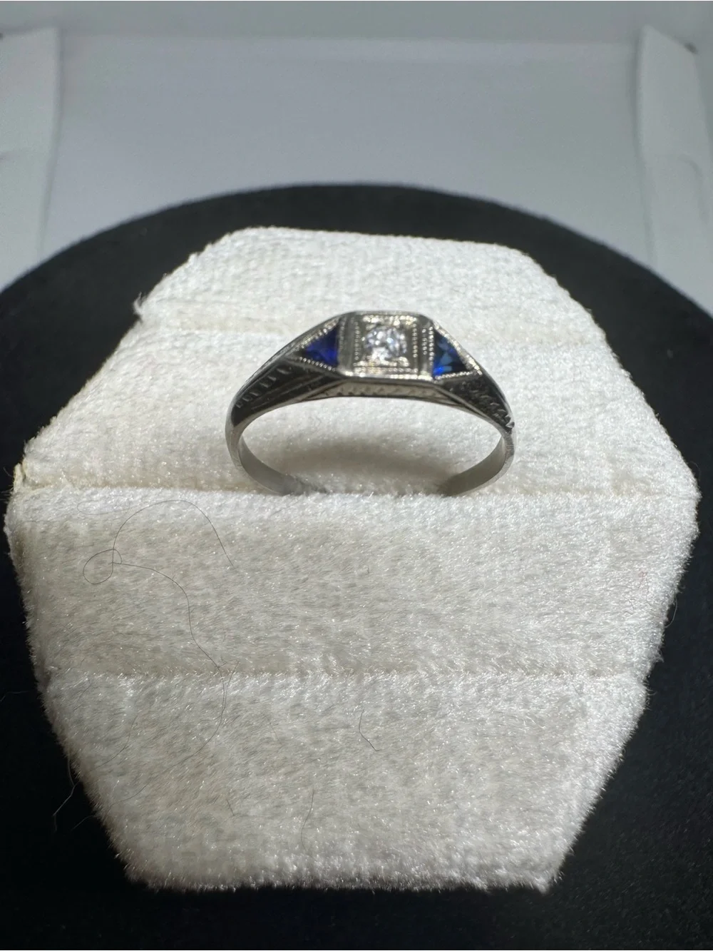 Antique Art Deco 1920s 14K White Gold Natural Sapphire & Diamond Ring Size 5.75